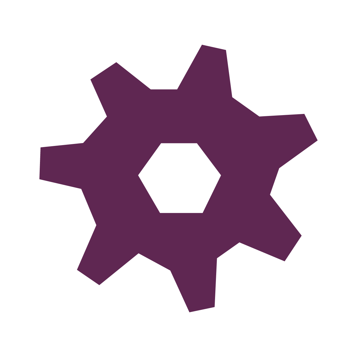 Engranaje morado de ocho dientes con un agujero hexagonal en el centro sobre fondo blanco