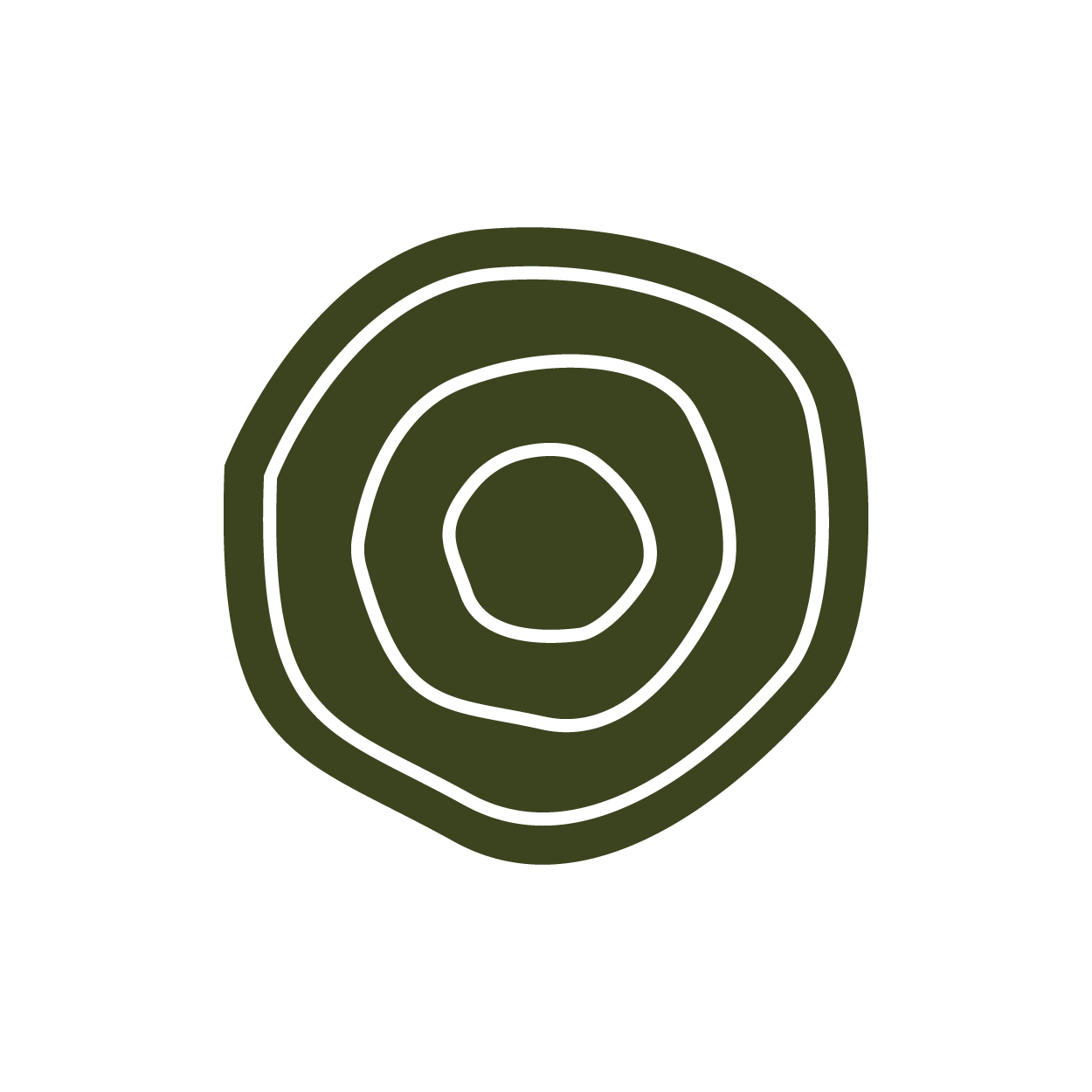 Ilustración de un círculo irregular con tres contornos concéntricos en color blanco sobre un fondo verde oscuro.